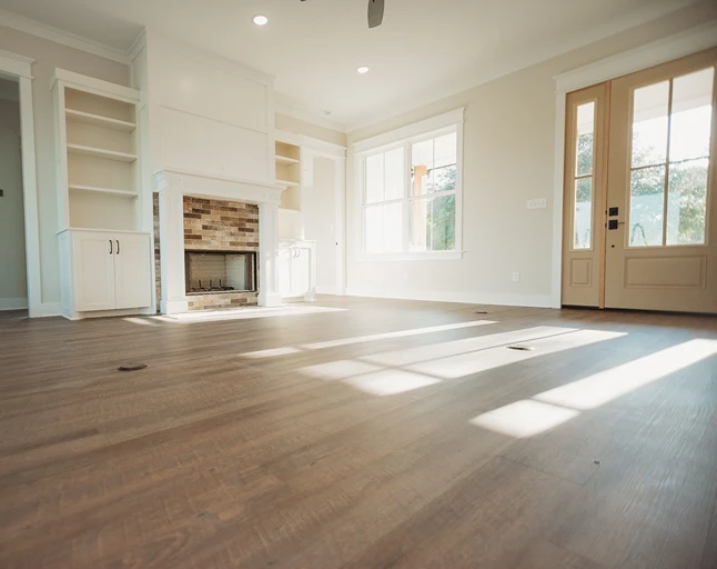 Rustic wood plan flooring with fireplace 